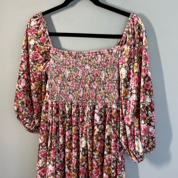 Peach Love Womens Brown Floral Velvet Dress Smocked Fairycore Size S Cottagecore - Picture 11 of 12
